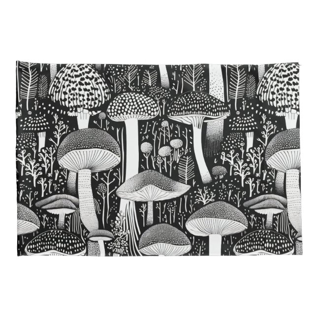 Monochrome Mushroom Forest Illustration Pillowcase (Back-Right)