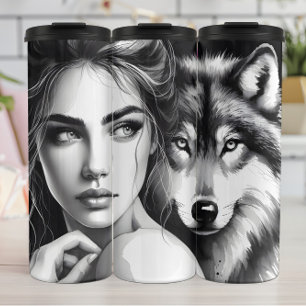 Monochrome Mystery: Woman and Wolf. Thermal Tumbler