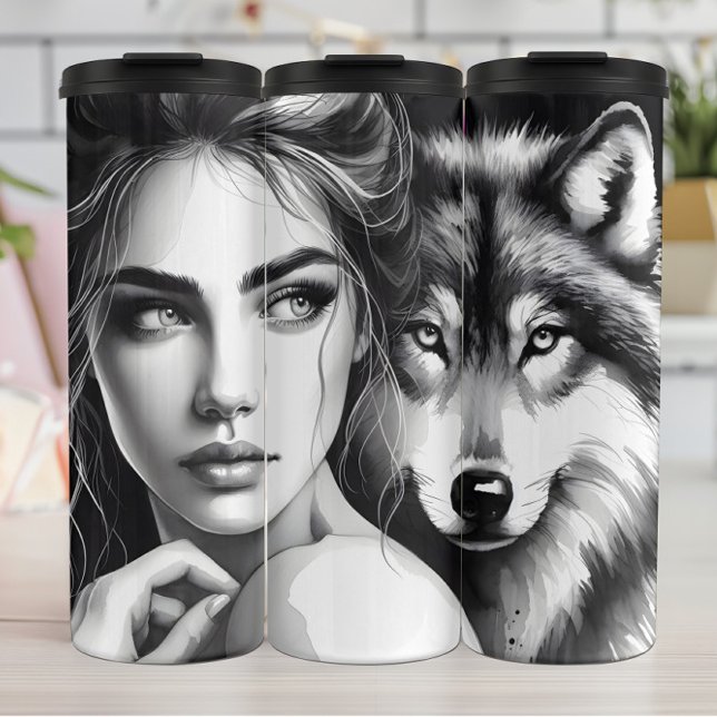 Monochrome Mystery: Woman and Wolf. Thermal Tumbler (Creator Uploaded)