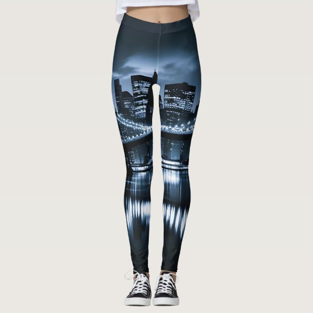 Monochrome New York Skyline Nightscape Leggings (Front)