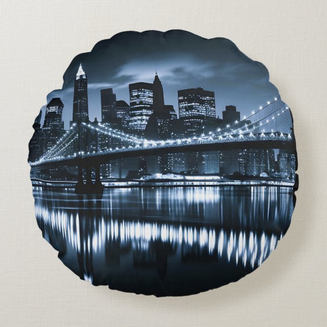 Monochrome New York Skyline Nightscape Round Cushion (Front)