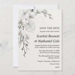 Monochrome Orchid, Monstera Leaf, Arch Motif, and  Invitation