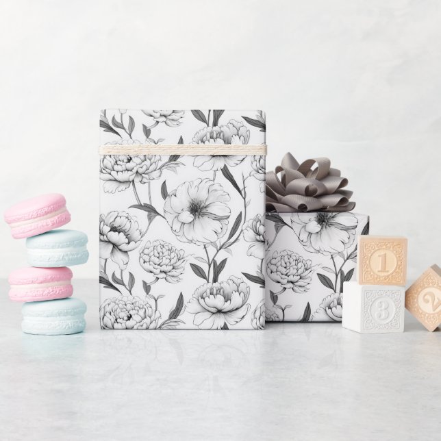 Monochrome Peony Flower Pattern Wrapping Paper (Baby Shower)