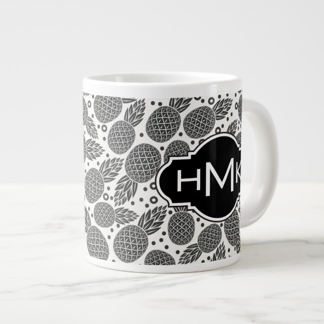 Monochrome Pineapples | Monogram Large Coffee Mug (Front Right)