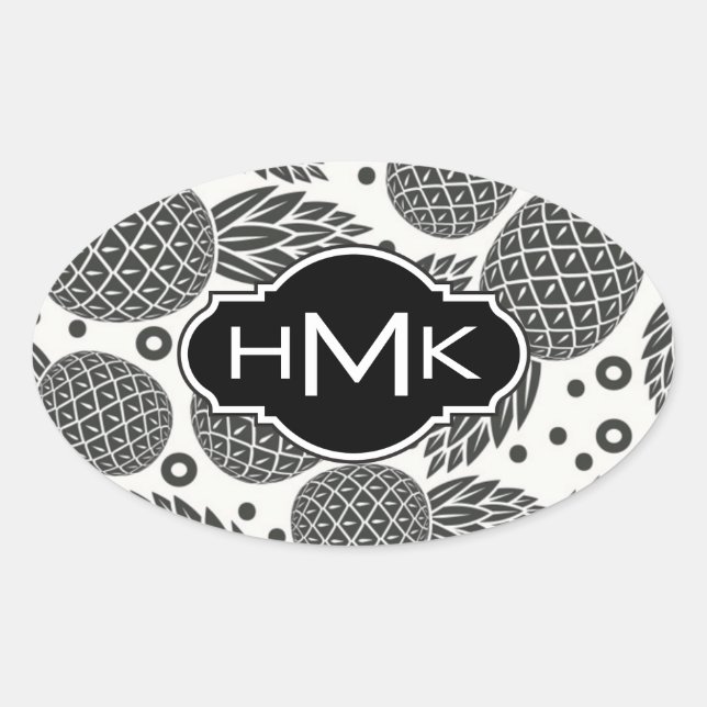 Monochrome Pineapples | Monogram Oval Sticker (Front)