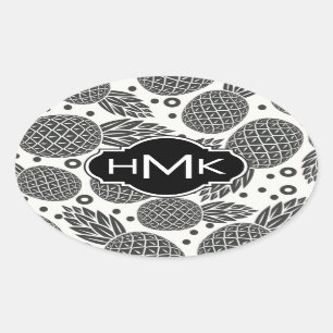 Monochrome Pineapples Monogram Oval Sticker
