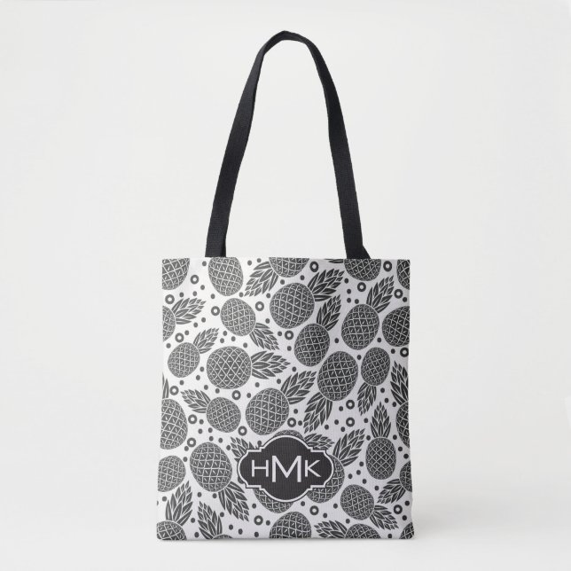 Monochrome Pineapples | Monogram Tote Bag (Front)