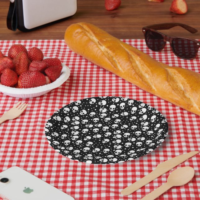 Monochrome Polka Dot Skull Paper Plate (Picnic)