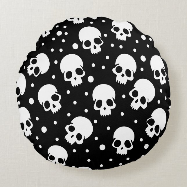 Monochrome Polka Dot Skull Round Cushion (Front)