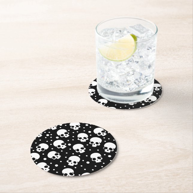 Monochrome Polka Dot Skull Round Paper Coaster (Insitu)