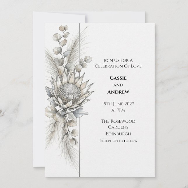 Monochrome Protea Eucalyptus Wedding Invitation (Front)