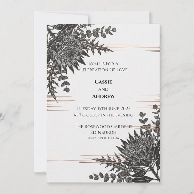Monochrome Protea Thistle Wedding Invitation (Front)