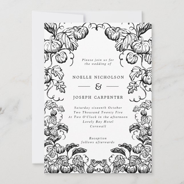 Monochrome Pumpkin & Leaves Frame Fall Wedding Invitation (Front)
