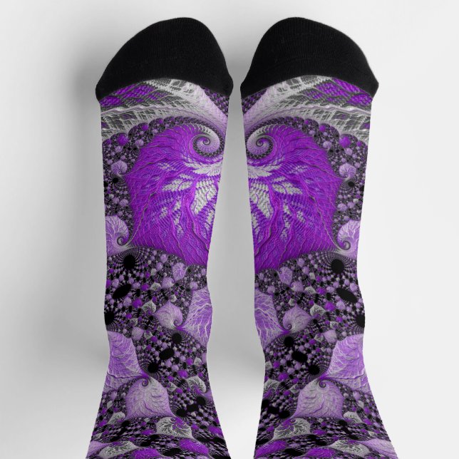Monochrome Purple Fractal Art Socks (Top)