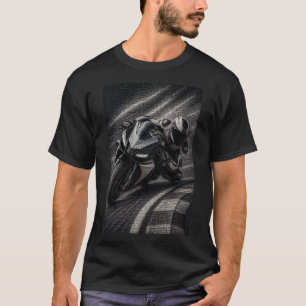 Monochrome Racing Motorcycle – 3D Micro Mosaic T-Shirt