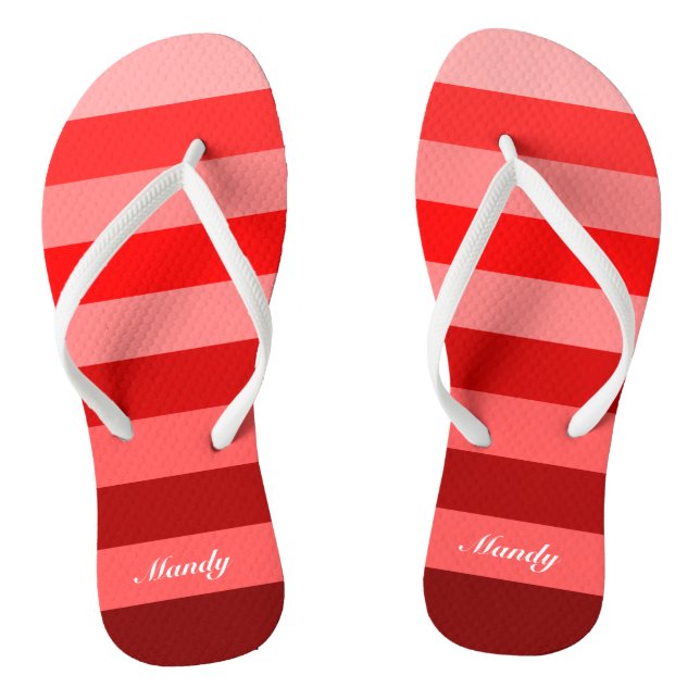Monochrome Red Block Stripes Customise Name Print Thongs (Footbed)
