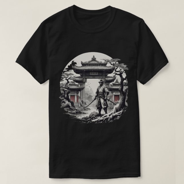 Monochrome Samurai Warrior Illustration T-Shirt (Design Front)