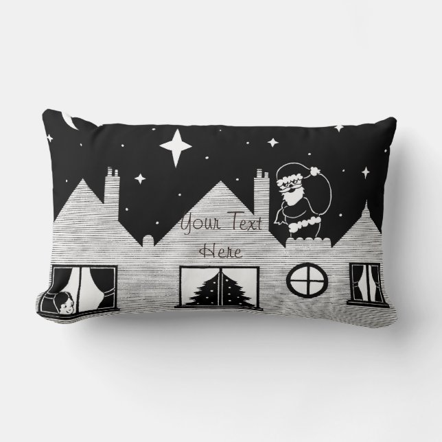 monochrome santa and sack on roof at christmas lumbar cushion (Front)