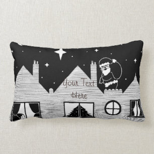 monochrome santa and sack on roof at christmas lumbar cushion