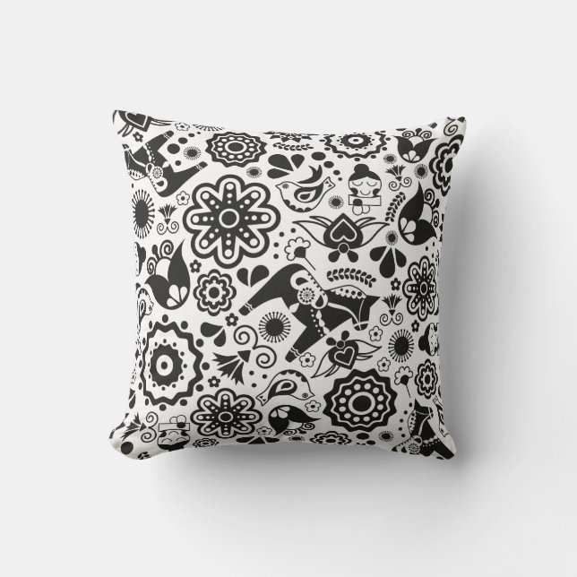 Monochrome Scandinavian folk art Cushion (Front)