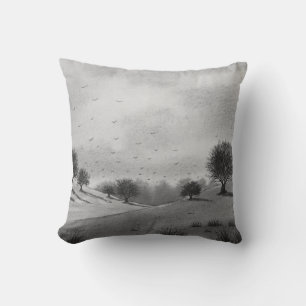 monochrome scenic hills and woodland landscape cushion