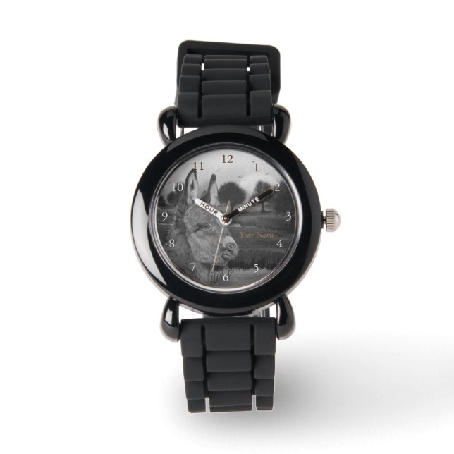 monochrome scenic lifelike picture of cute donkey watch (Front)