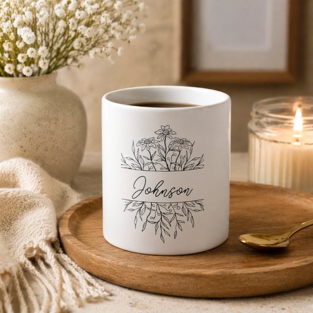 Monochrome Sketched Floral Monogram  Coffee Mug (Creator Uploaded)