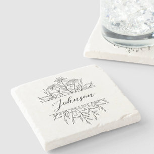 Monochrome Sketched Floral Monogram Stone Coaster
