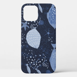 Monochrome sleeping fishes, dark pattern. iPhone 12 case