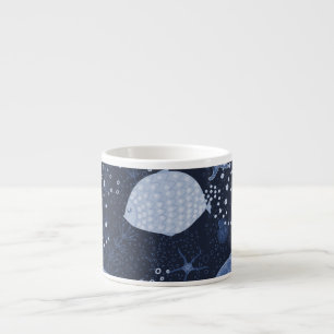 Monochrome sleeping fishes, dark pattern. espresso cup