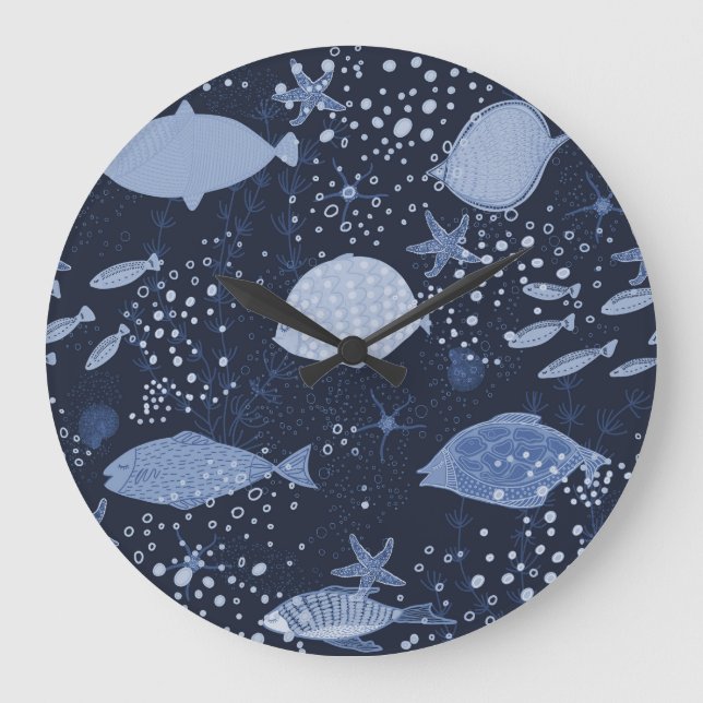Monochrome sleeping fishes, dark pattern. large clock (Front)