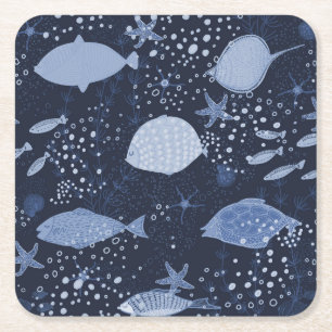 Monochrome sleeping fishes, dark pattern. square paper coaster