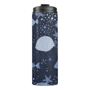 Monochrome sleeping fishes, dark pattern. thermal tumbler