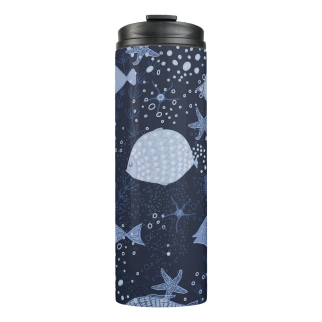 Monochrome sleeping fishes, dark pattern. thermal tumbler (Front)