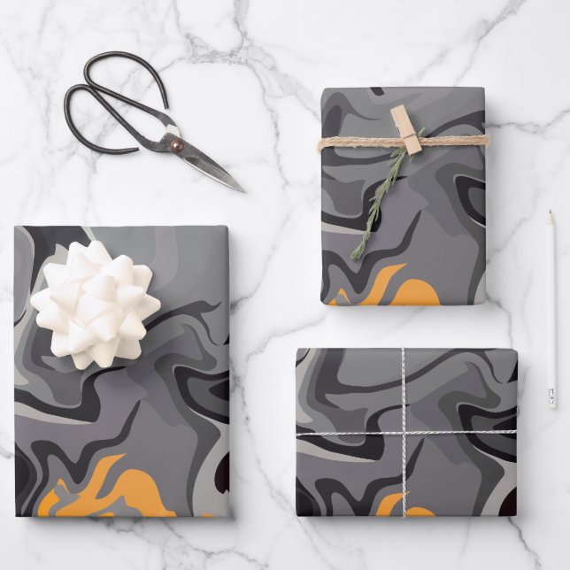 Monochrome Swirls with Fiery Highlights Wrapping Paper Sheet (Front)