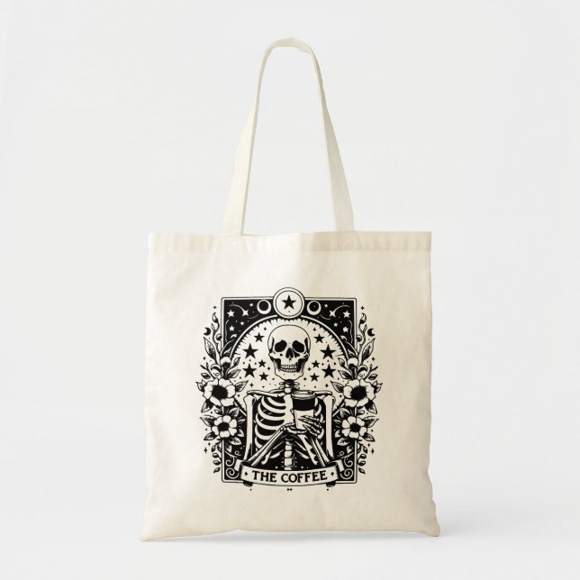 Monochrome "The Coffee" Skeleton Tarot Card | Tote Bag (Front)