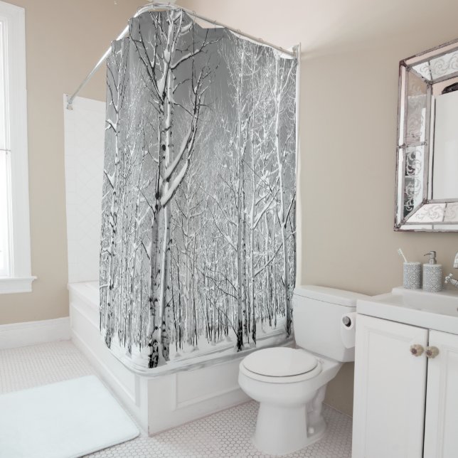 Monochrome Towering Aspen Trees in Winter Snow Shower Curtain (In Situ)