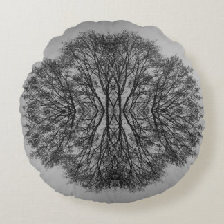 Monochrome Tree Reflection Round Pillow