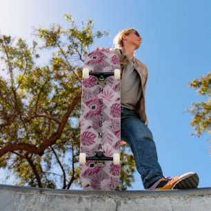 Monochrome tropical botanical patchwork skateboard