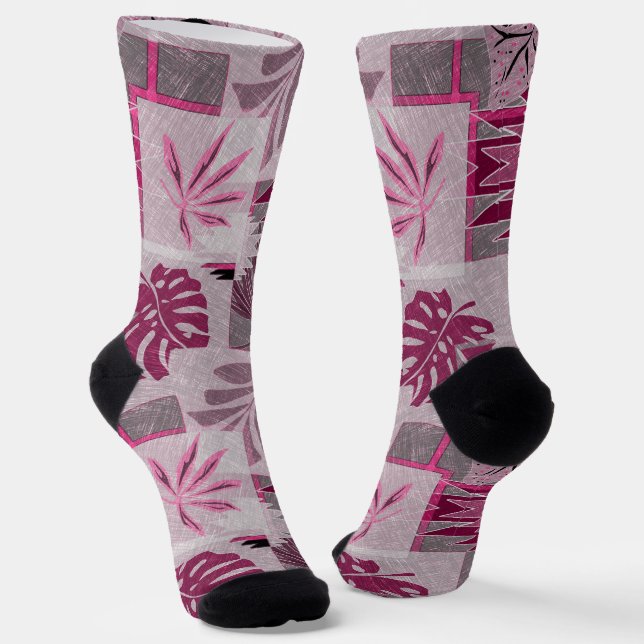 Monochrome tropical botanical patchwork socks (Angled)
