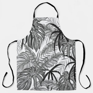 Monochrome Tropical Leaves Pattern   Elegant Black Apron
