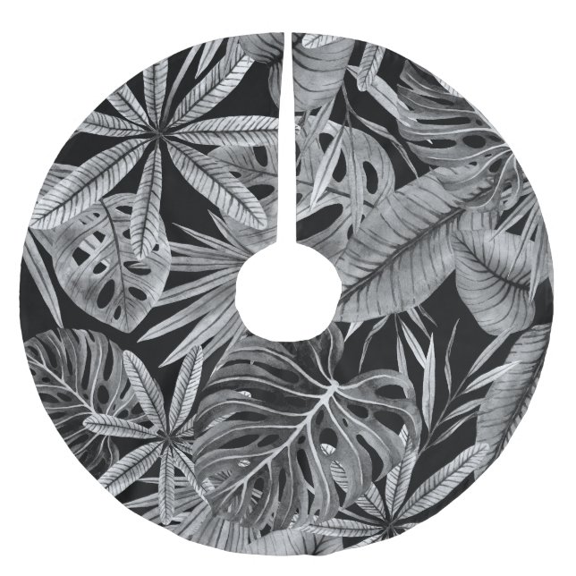 Monochrome Tropical, Watercolor Leaves Texture. Brushed Polyester Tree Skirt (Front)