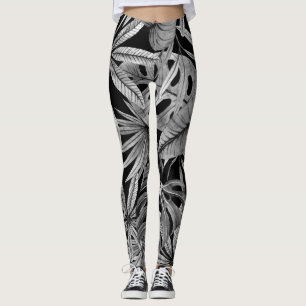 Monochrome Tropical, Watercolor Leaves Texture. Leggings