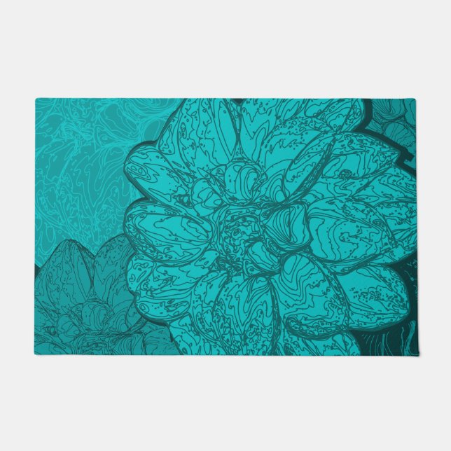 Monochrome Turquoise Dahlia Floral Pattern Doormat (Front)