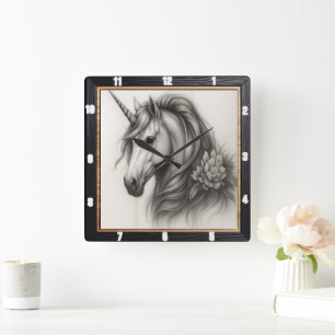 Monochrome Unicorn Floral Square Wall Clock