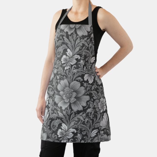 Monochrome Vintage Floral Pattern  Apron (Insitu)