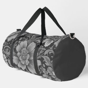 Monochrome Vintage Floral Pattern Duffle Bag