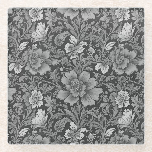 Monochrome Vintage Floral Pattern  Glass Coaster (Front)
