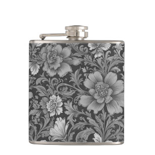 Monochrome Vintage Floral Pattern Hip Flask