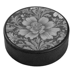 Monochrome Vintage Floral Pattern  Hockey Puck